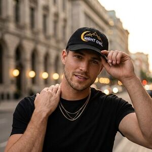 Night Owl Embroidered Black Baseball Cap Moon & Mountain Adjustable Hat Unisex